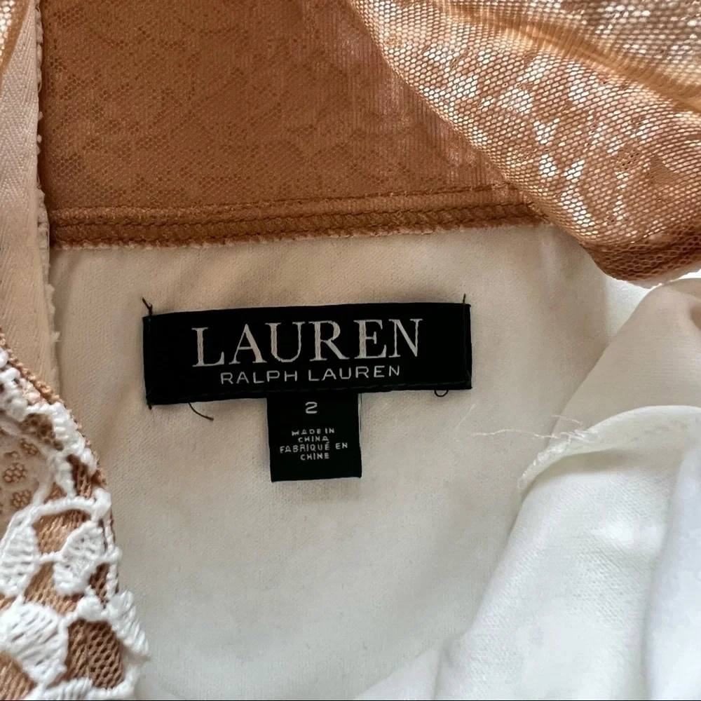 Lauren Ralph Lauren Dress Floral Lace Yoke Midi in White & Wheat Sz 2 - Picture 9 of 10